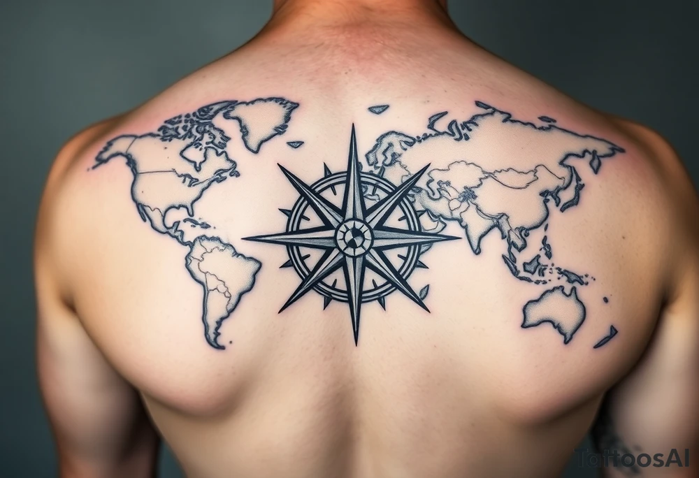 antique compass rose overlaid on weathered world map with sailing ships tattoo idea