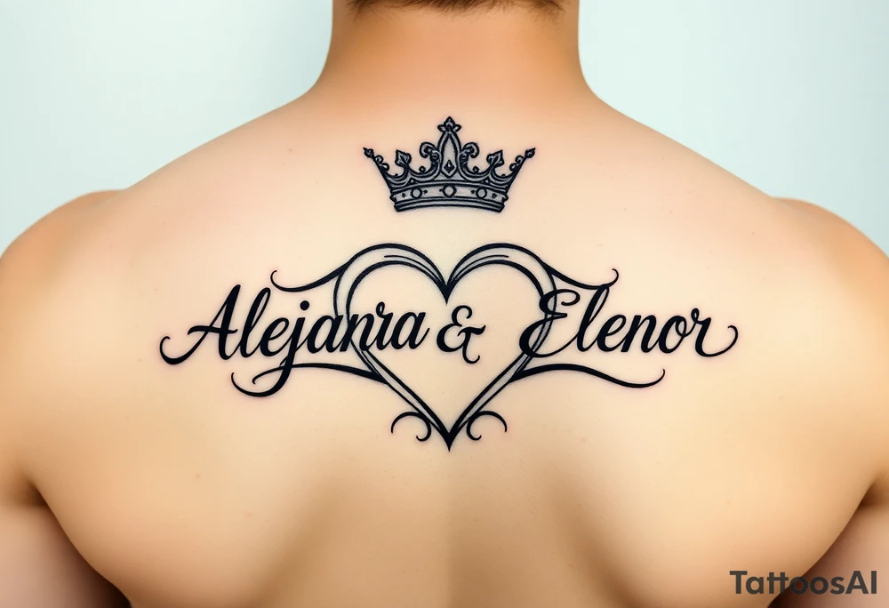 the name Alejandra and Eleanor in a heart with crown tattoo idea