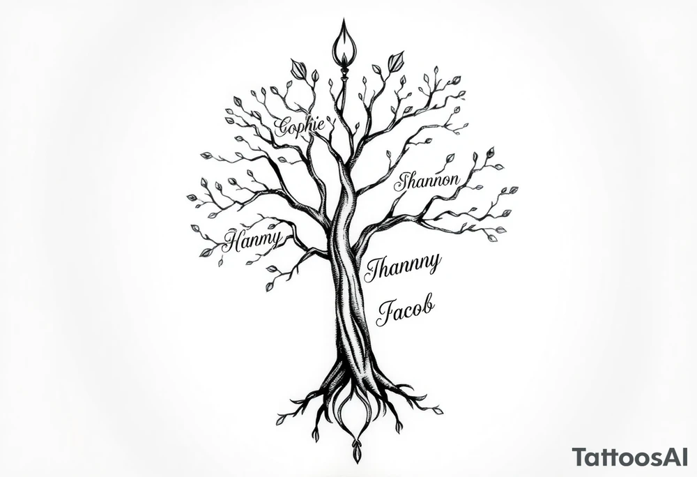 family tree tattoo with names sophie, chloe, shannon, hannah, hunter, jacob and declyn tattoo idea