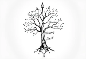 family tree tattoo with names sophie, chloe, shannon, hannah, hunter, jacob and declyn tattoo idea