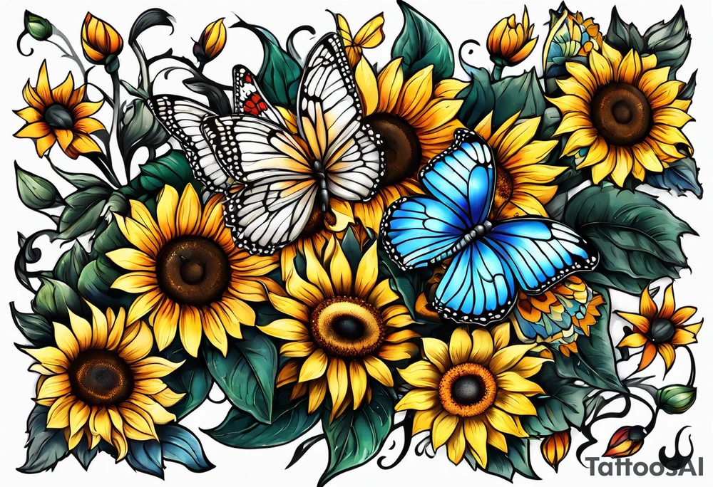 Sleeve with butterflies and sunflowers tattoo idea