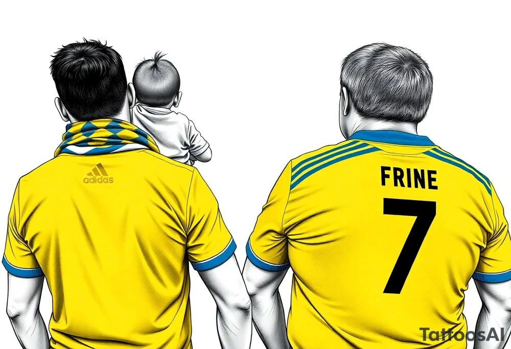 4 soccer fans from their backs, wearing yellow blue shirts. the second one from left having a kid on his shoulders, and he's rising a scarf.
the right one is older, more fat and shorter and wearing an shirt with the number 7 on it and has on his shoulders line like adidas
the left on has a yellow-blue Checkered on his shirt
make some space between the men tattoo idea