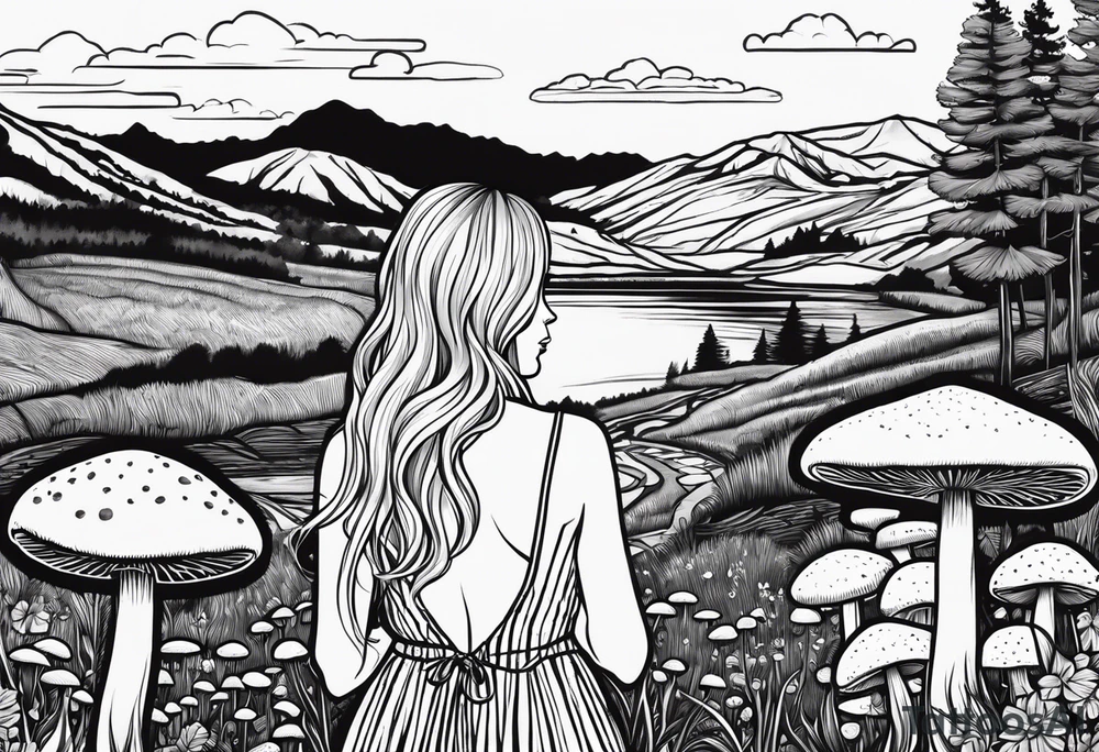 Straight long blonde hair hippie girl in distance holding mushrooms in hand facing away toward mountains and creek surrounded by mushrooms black and white striped dress tattoo idea