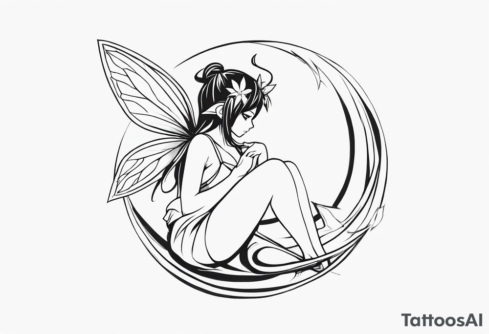 No color sketch of a fairy with a tail inspired by the guild symbol in the anime show called Fairy Tail in a fetal position leaning in and forward while crawled in tattoo idea