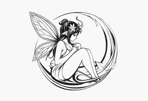 No color sketch of a fairy with a tail inspired by the guild symbol in the anime show called Fairy Tail in a fetal position leaning in and forward while crawled in tattoo idea