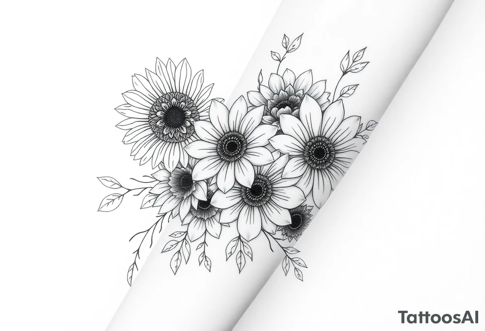 Large floral design with multiple types of flowers including sunflowers tattoo idea