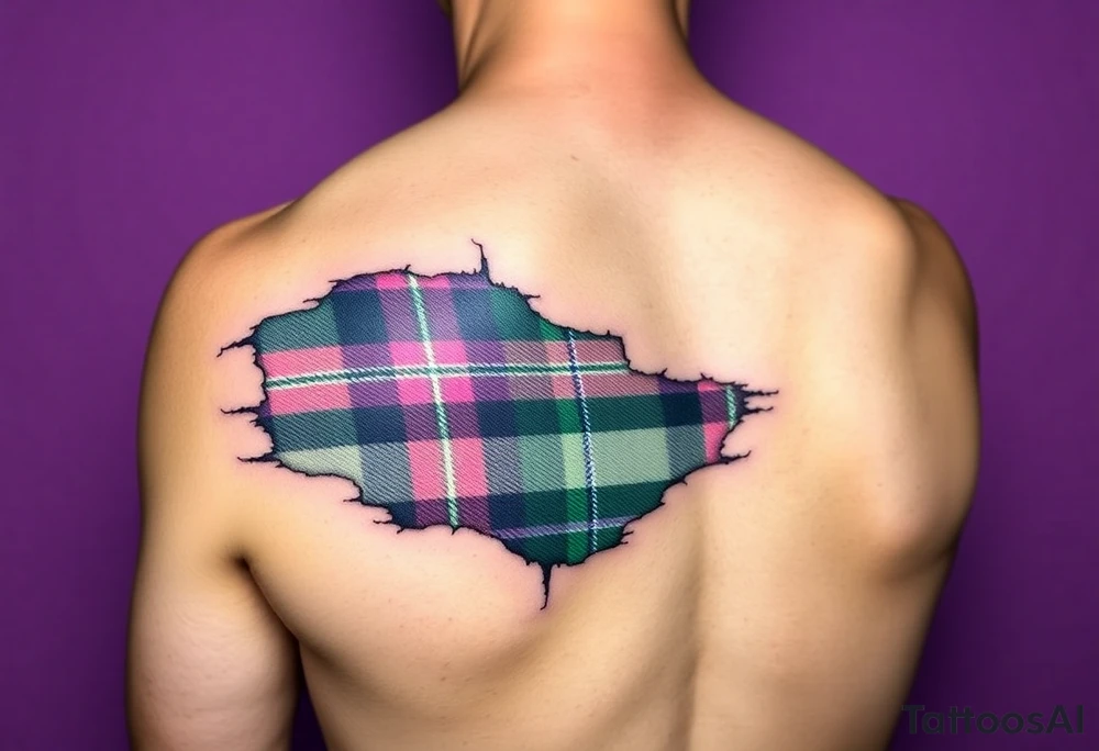 Dark Purple with green pink blue and white highlights tartan fabric on bicep with skin shedding away to reveal tartan underneath tattoo idea