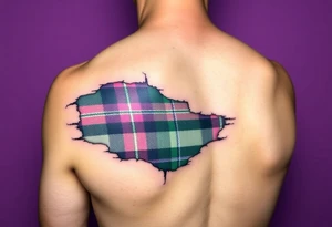 Dark Purple with green pink blue and white highlights tartan fabric on bicep with skin shedding away to reveal tartan underneath tattoo idea