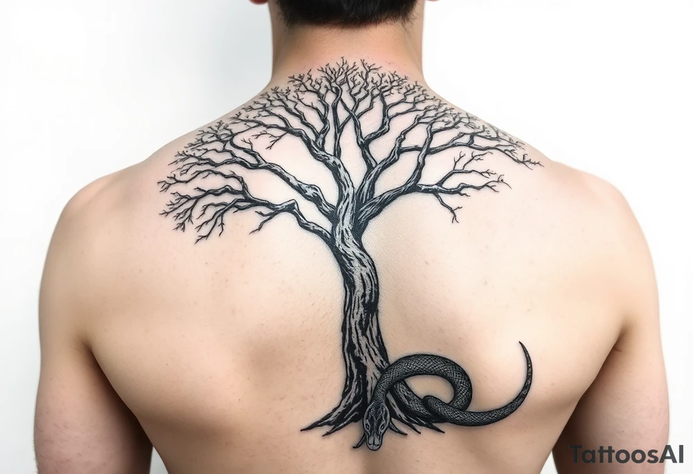 "I want a tree tattoo on my back, with a snake wrapping around the tree and continuing up over my right shoulder, ending with its head on my left shoulder." tattoo idea