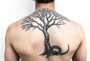 "I want a tree tattoo on my back, with a snake wrapping around the tree and continuing up over my right shoulder, ending with its head on my left shoulder." tattoo idea