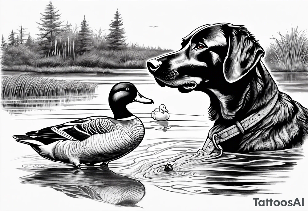 bird dog retrieving duck from marsh in its mouth tattoo idea