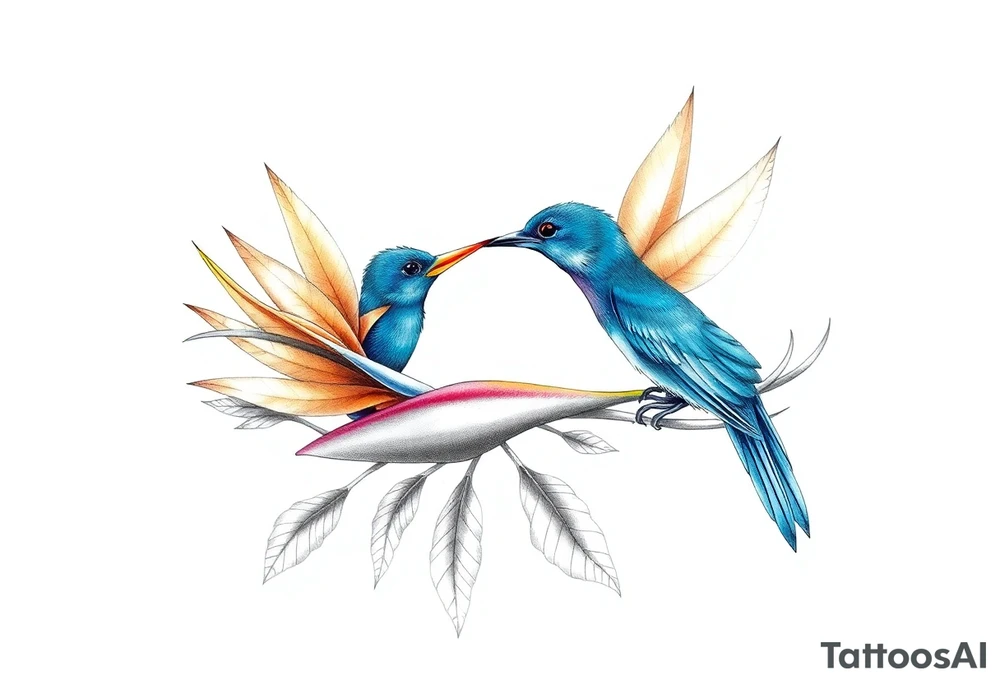 Bird of paradise flower with blue bird tattoo idea