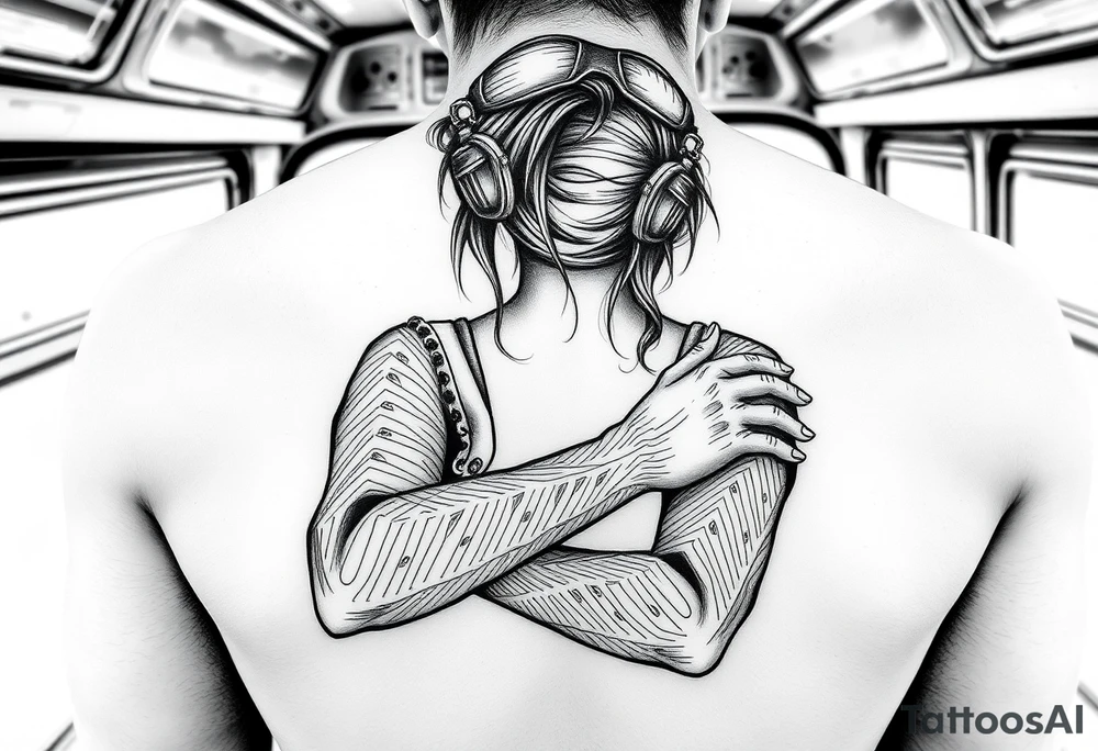 the main Harriet, a young teen girl with very hairy forearms riding on a bus tattoo idea