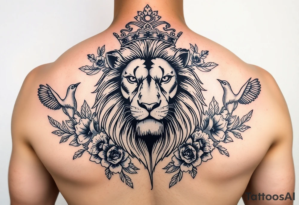powerful majestic lion with a crown, surrounded by floral ornaments and birds tattoo idea