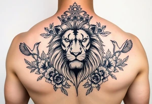 powerful majestic lion with a crown, surrounded by floral ornaments and birds tattoo idea