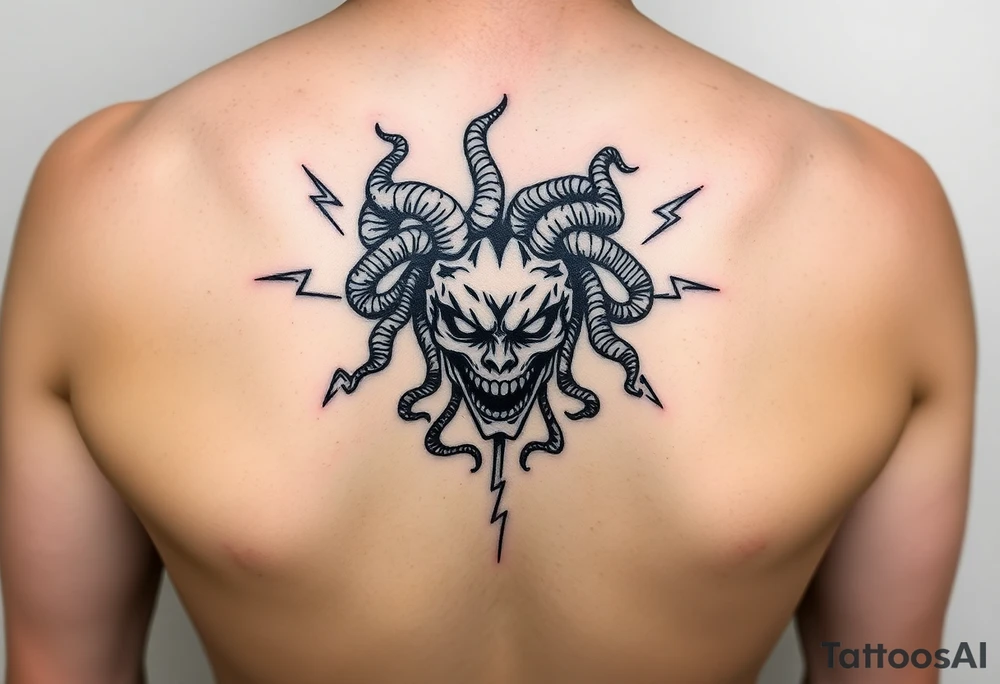 Medusa Head surrounded by lightnings in sketch style, black color and on the outer forearm tattoo idea