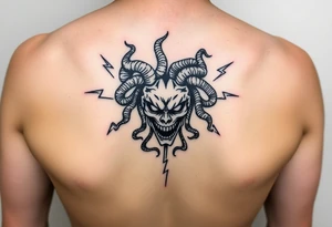 Medusa Head surrounded by lightnings in sketch style, black color and on the outer forearm tattoo idea