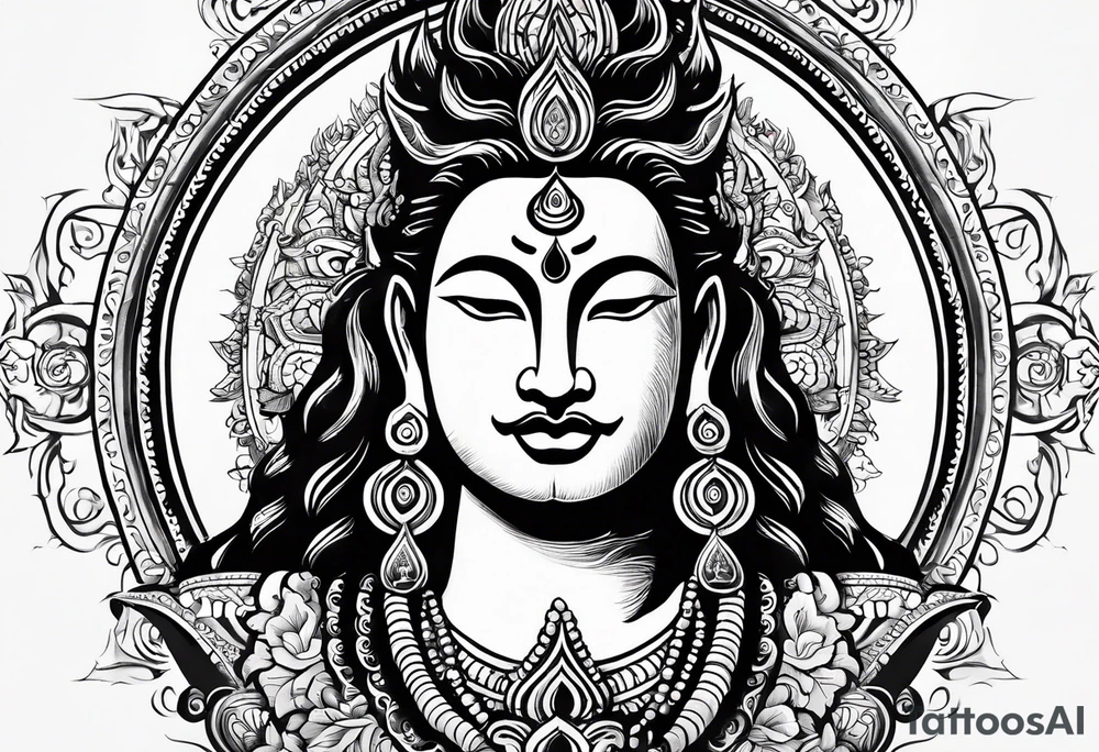 I'll focus on incorporating Lord Shiva, symbols of adventure, happiness, and travel, along with the requested themes of positivity and going with the flow into the design tattoo idea