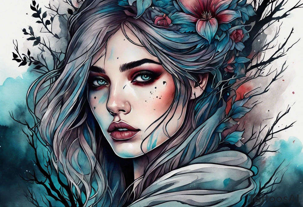 Woman with a tear running down her face walking out of a graveyard  leaving her old terrifying, scary, violent past behind her ethereal and mysterious tattoo idea