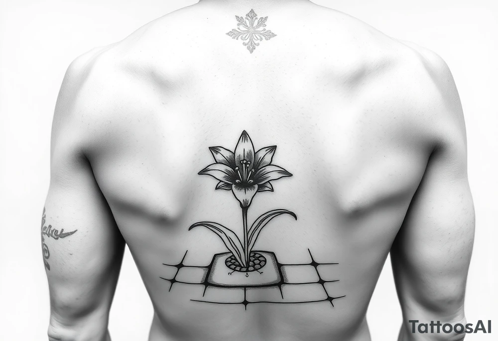 bathroom with lily coming up out of tile floor tattoo idea