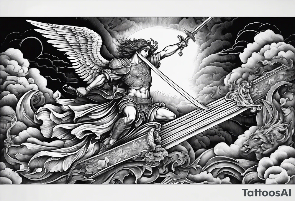 Arm sleeve of St Michael plunging a sword into the devil which is laying on the stairway to heaven. tattoo idea