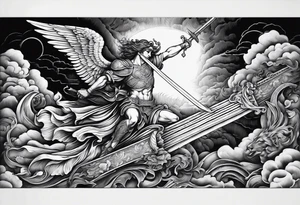 Arm sleeve of St Michael plunging a sword into the devil which is laying on the stairway to heaven. tattoo idea
