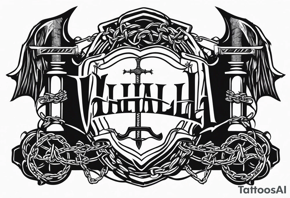 Valhalla  sword shield axe barbed wire chains tattoo idea
