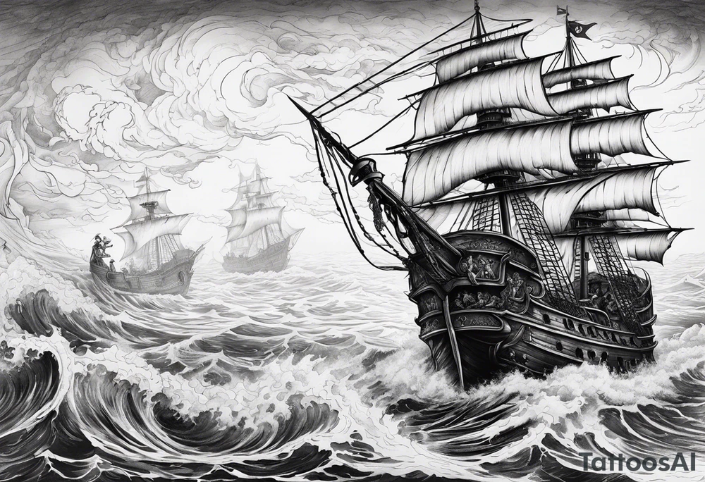 Satan on a pirate ship sailing a sea of souls tattoo idea