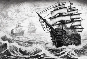 Satan on a pirate ship sailing a sea of souls tattoo idea