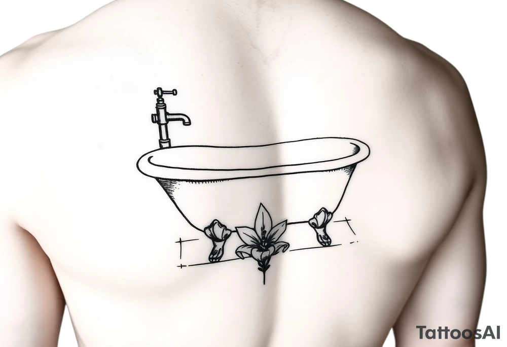 clawfoot bathtub with simple faucet and lily coming up out of the tile floor tattoo idea
