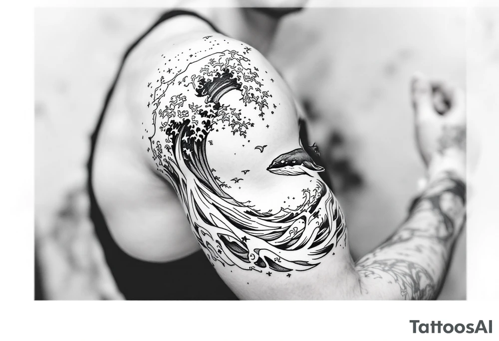 Fine line powerful ocean half sleeve with a wave, a whale and other elements with some shading tattoo idea Fine line powerful ocean half sleeve with a wave, a whale and other elements with some shading tattoo idea