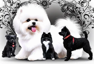 A white Bichon frise with a black pomeranian and a black doodle with the words “MFer 4 Life” tattoo idea