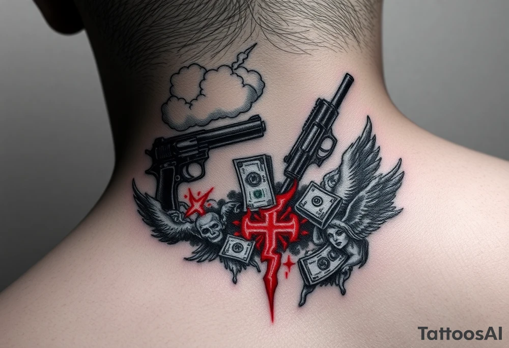 deepfull description of details with clouds,fire guns, money,angels and red tattoo idea