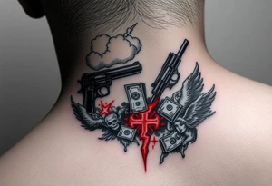 deepfull description of details with clouds,fire guns, money,angels and red tattoo idea