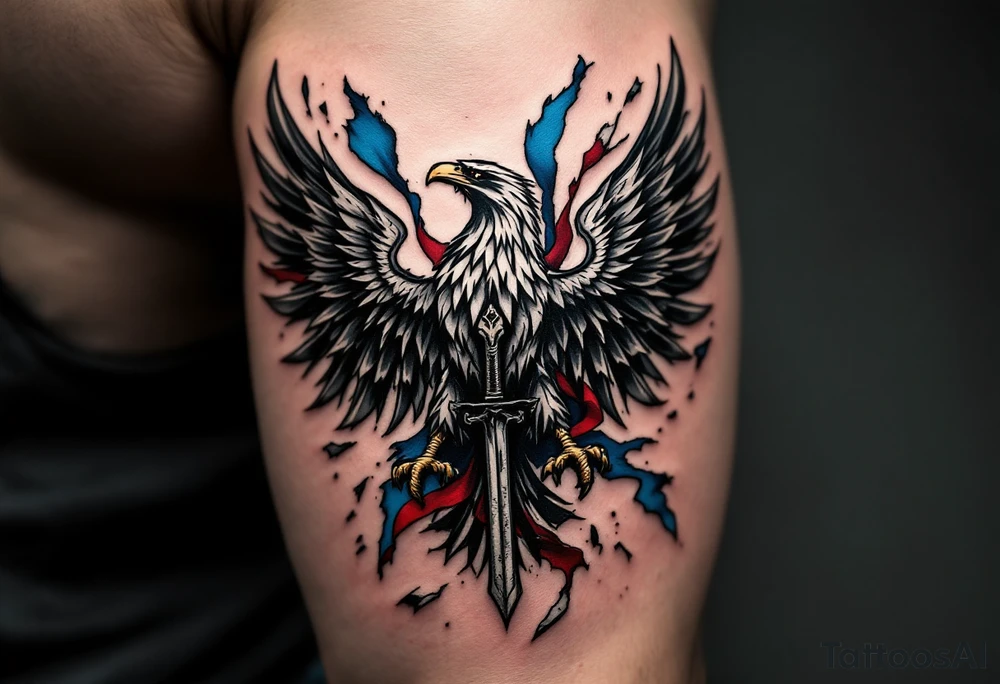 Battle-Worn Silesian Eagle with Torn Banners – A strong, battle-scarred eagle with ripped blue, red and white banners flowing behind it, representing the resilience of Silesia. The eagle's claws clutch an old sword or a scroll with historical inscriptions, adding a storytelling element. tattoo idea