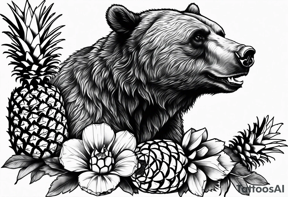Bear biting pineapples tattoo idea