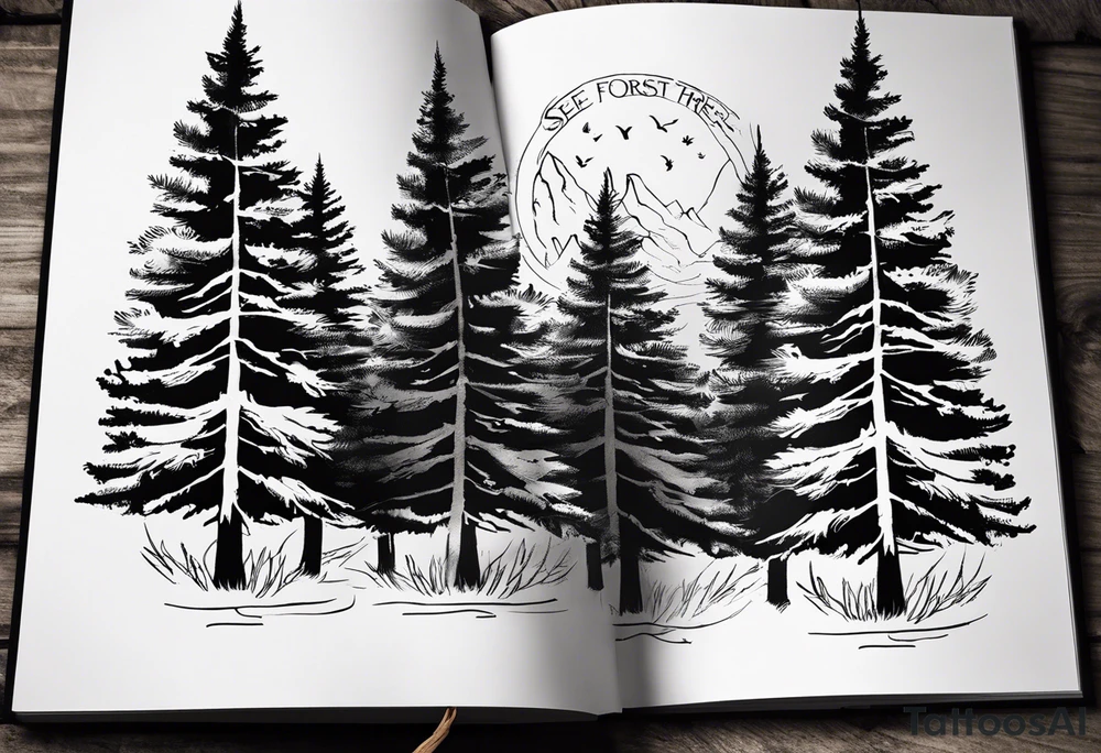 Tattoo with the words "see the forest for the trees" in any style font, around a tree in any way. black and white, tattoo, simple, elegant, pine tree, fine-line tattoo idea
