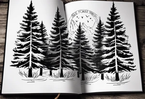 Tattoo with the words "see the forest for the trees" in any style font, around a tree in any way. black and white, tattoo, simple, elegant, pine tree, fine-line tattoo idea