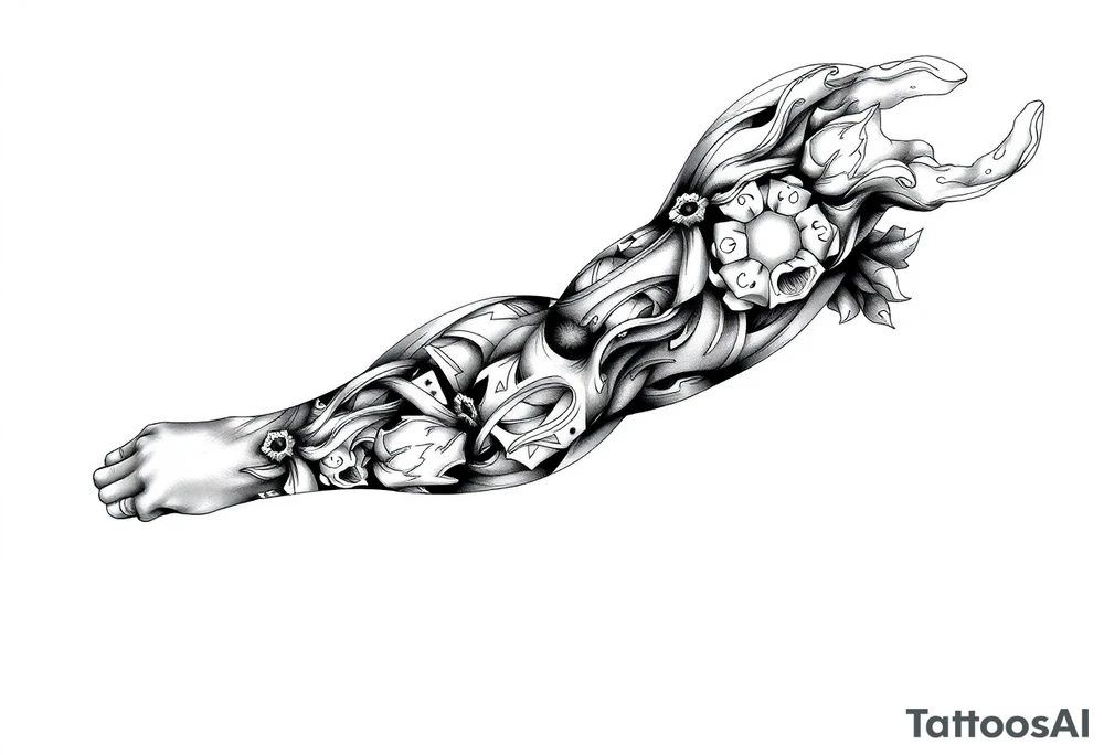 Tattoo sleeve filler using smoke, ash, and fragmented memory effects, organic flow wrapping around arm muscles, soft gradients, negative space, black and grey realism, seamless transitions between main tattoo elements. tattoo idea