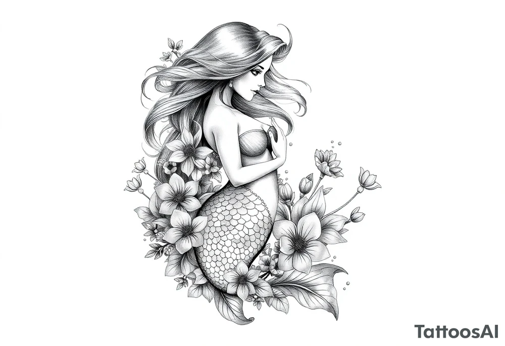 ethereal mermaid with flowing hair among coral and sea flowers tattoo idea