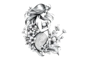 ethereal mermaid with flowing hair among coral and sea flowers tattoo idea
