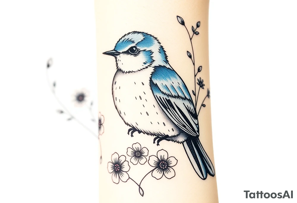Puffy bluebird surrounded by wild flowers tattoo idea