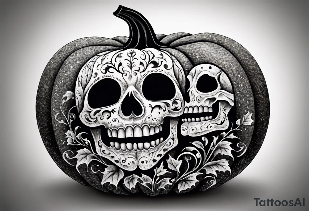 Carved pumpkin with skeletons kissing tattoo idea