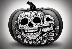 Carved pumpkin with skeletons kissing tattoo idea