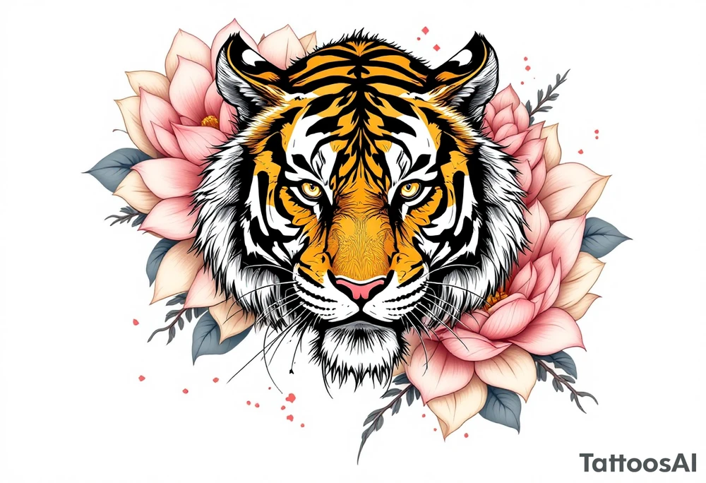 Tiger covered in lotus flowers tattoo idea