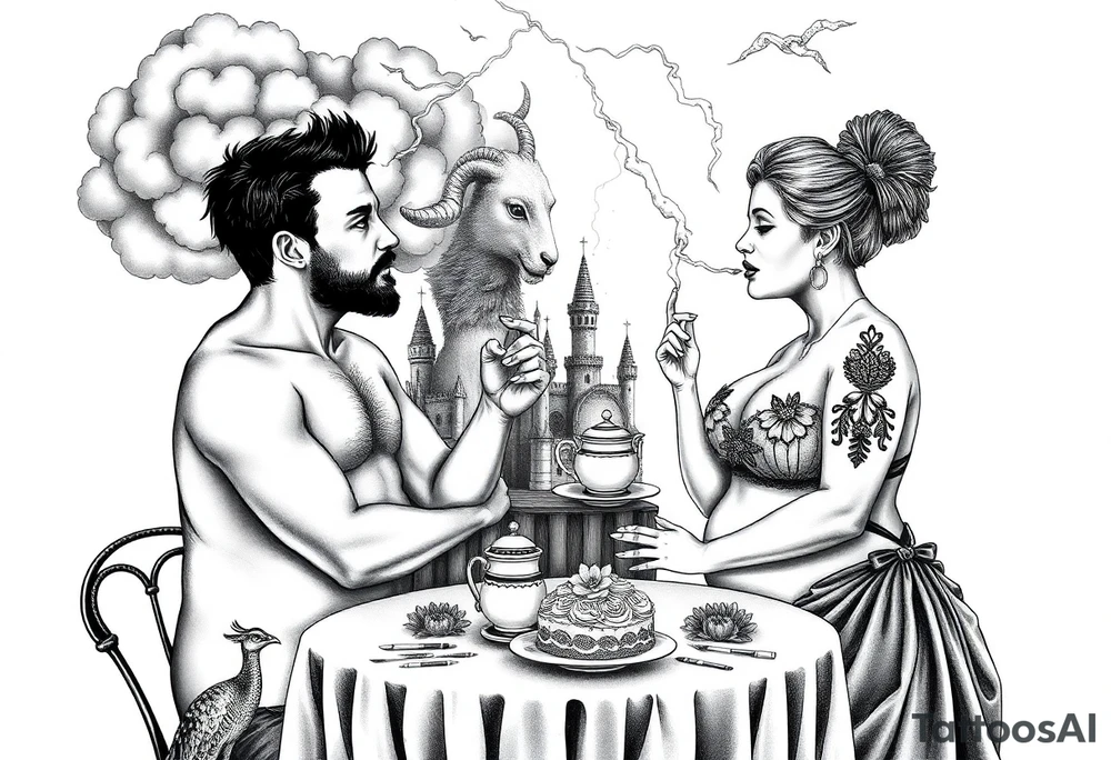 Naked Man and woman having sex Storm lightening clouds gothic sexy naked fat lady having a tea party with tea pot and medieval castle
with a pigglets, peacock, noose, lion, goat, smoking cigerettes looking in the mirror eating a cake thru storm clouds with razor blades and broken hearts and darkness and wrath, envy , gluttony, greed, sloth, pride kill tattoo idea