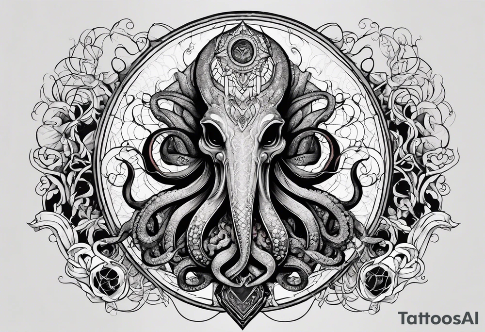 Long tattoo for forearm. Lovecraftian creature, with technological elements. Tentacles protect a heart. tattoo idea