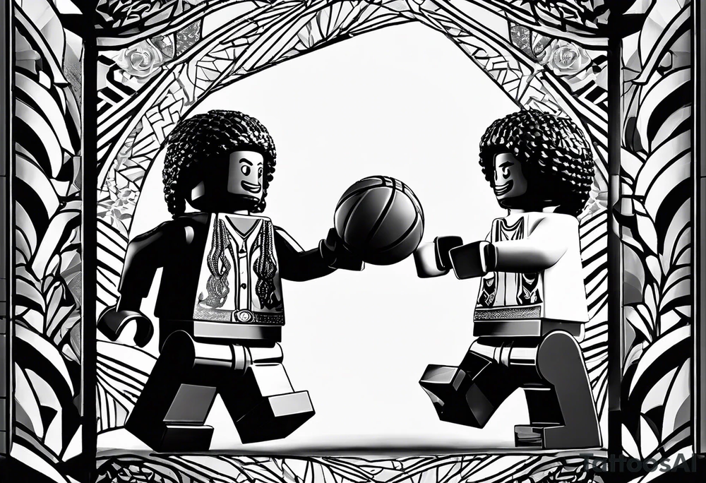 2 Lego figures in one scenery, one of them will be a Rastaman who is looking at the other one dribbling a basketball tattoo idea