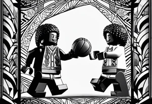 2 Lego figures in one scenery, one of them will be a Rastaman who is looking at the other one dribbling a basketball tattoo idea