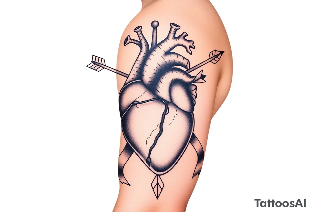 anatomical heart pierced by ornate arrow with flowing ribbons tattoo idea